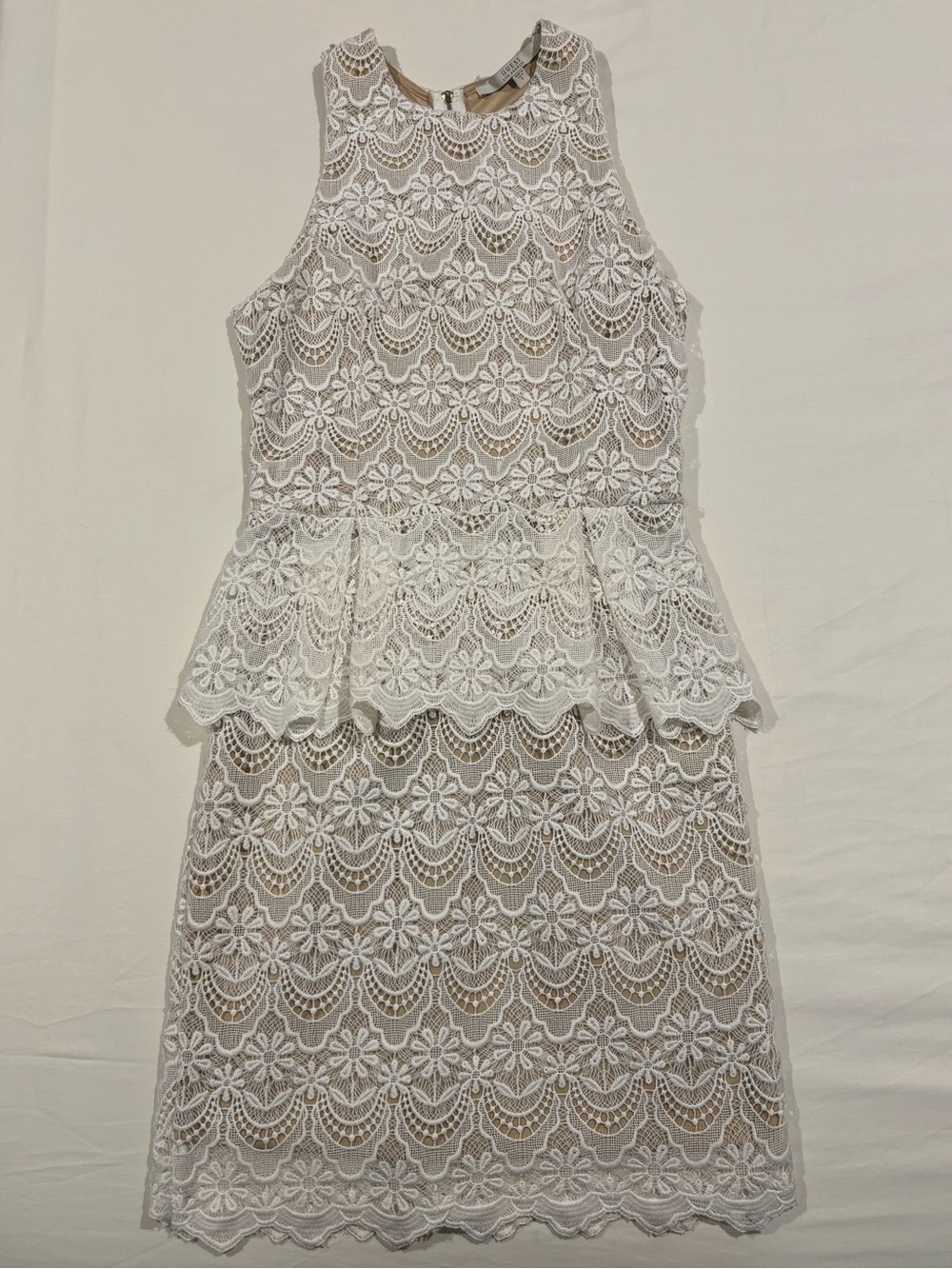 Guess White Lace Peplum Midi Dress With Nude Lining